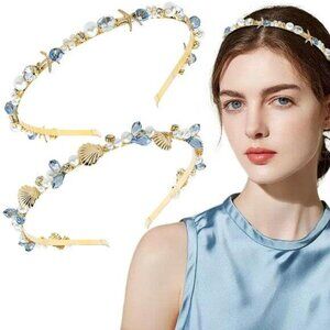 2 Pcs Mermaid Seashell Starfish Headbands Pearl Crystal Rhinestone Hairbands All